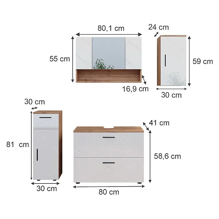 Vicco Badmöbel-Set Irma Weiß Hochglanz/Goldkraft Eiche 4 Teile - Gesamtbreite Badmöbel: 110 cm, Weiß Hochglanz, Glänzend - Badezimmermöbel-Set in Weiß und Holzoptik, bestehend aus Spiegelschrank, Waschtischunterschrank und Seitenschränken.
