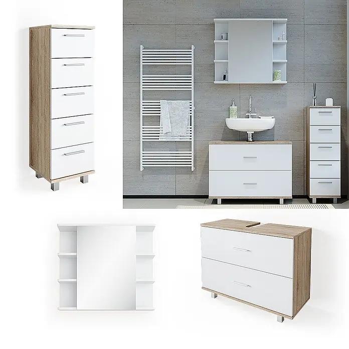 Vicco Badmöbel-Set Ilias Weiß/Sonoma 3 Teile, mit Unterschrank 80 cm - Gesamtbreite Badmöbel: 110,2 cm, Weiß, Matt - Modernes Badezimmermöbel-Set: weiße Schubladen, helle Eichenoptik-Seiten/Platten, Chromgriffe. Enthält Waschtischunterschrank, Hochschrank und Spiegelschrank.