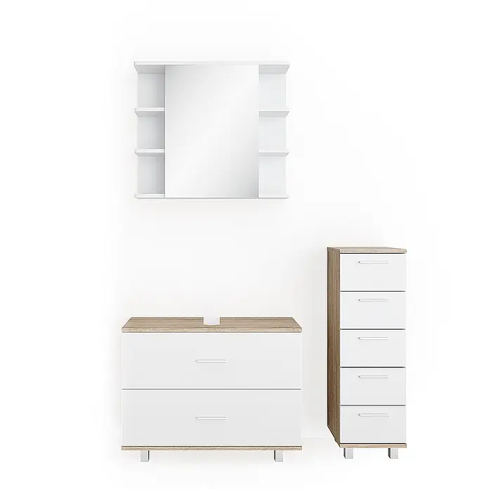 Vicco Badmöbel-Set Ilias Weiß/Sonoma 3 Teile, mit Unterschrank 80 cm - Gesamtbreite Badmöbel: 110,2 cm, Weiß, Matt - Weißes Badmöbel-Set mit hellen Holzdetails: Spiegelschrank, Waschtischunterschrank und hoher Schubladenschrank mit silbernen Griffen.
