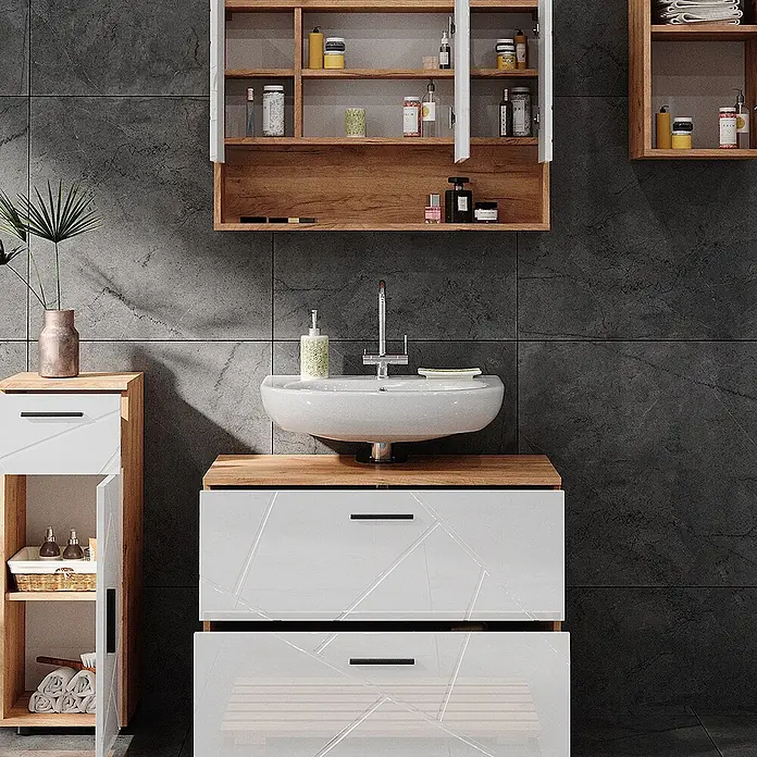 Vicco Badmöbel-Set Irma Weiß Hochglanz/Goldkraft Eiche 4 Teile - Gesamtbreite Badmöbel: 110 cm, Weiß Hochglanz, Glänzend - Modernes Badmöbel-Set in Weiß und Holz, bestehend aus Waschtischunterschrank mit Becken, Beistellschrank und Wandschrank.