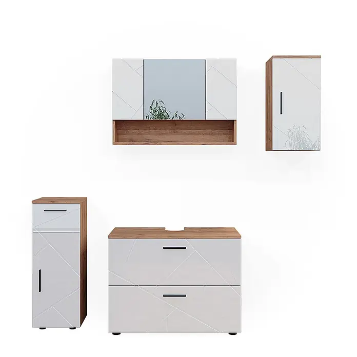 Vicco Badmöbel-Set Irma Weiß Hochglanz/Goldkraft Eiche 4 Teile - Gesamtbreite Badmöbel: 110 cm, Weiß Hochglanz, Glänzend - Modernes Badmöbel-Set in Weiß und Holzoptik mit geometrischen Mustern, bestehend aus Spiegelschrank, Waschtischunterschrank und Hochschränken.