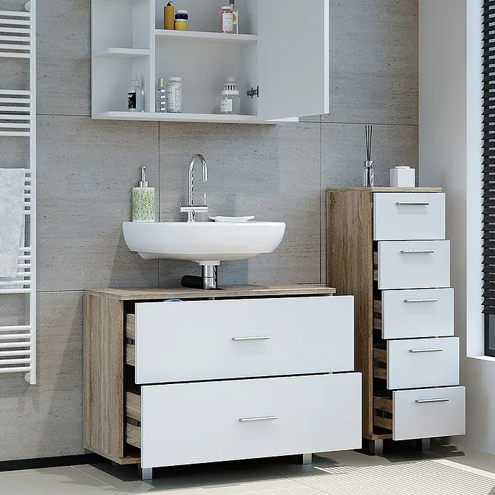 Vicco Badmöbel-Set Ilias Weiß/Sonoma 3 Teile, mit Unterschrank 80 cm - Gesamtbreite Badmöbel: 110,2 cm, Weiß, Matt - Moderne Badmöbel-Garnitur: weiße Fronten, helles Holzdekor, Waschtischunterschrank, Hängeschrank und hoher Schubladenschrank.