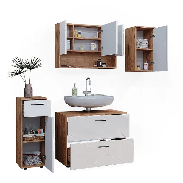Vicco Badmöbel-Set Irma Weiß Hochglanz/Goldkraft Eiche 4 Teile - Gesamtbreite Badmöbel: 110 cm, Weiß Hochglanz, Glänzend - Modernes Badmöbel-Set: Holzoptik-Waschtisch mit weißen Fronten und geometrischem Muster, Keramikwaschbecken und passende Schränke.