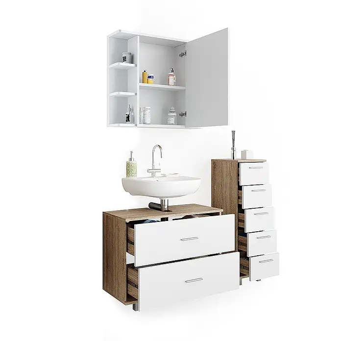 Vicco Badmöbel-Set Ilias Weiß/Sonoma 3 Teile, mit Unterschrank 80 cm - Gesamtbreite Badmöbel: 110,2 cm, Weiß, Matt - Weiß-holzfarbenes Badezimmermöbel-Set mit Waschbecken, Wandschrank und zwei Schubladeneinheiten, teilweise geöffnet.