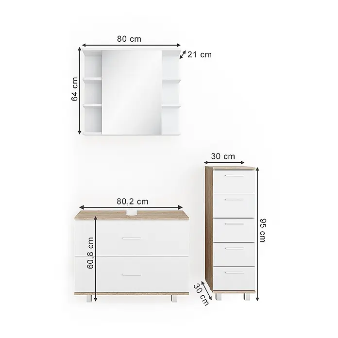 Vicco Badmöbel-Set Ilias Weiß/Sonoma 3 Teile, mit Unterschrank 80 cm - Gesamtbreite Badmöbel: 110,2 cm, Weiß, Matt - Weißes Möbelset: Wandspiegel mit Regalen, 2-Schubladen-Kommode und hohe 5-Schubladen-Kommode, wobei die Kommoden helle Holzdetails aufweisen.