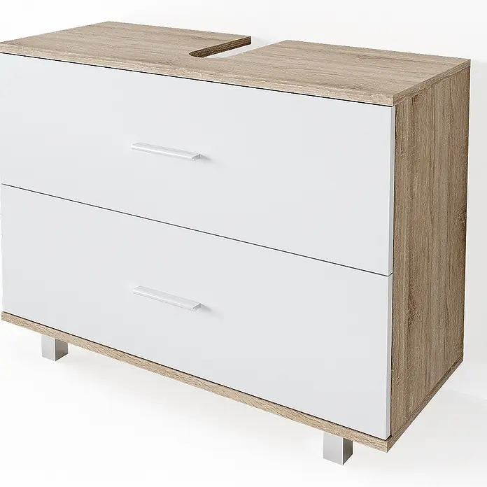 Vicco Badmöbel-Set Ilias Weiß/Sonoma 3 Teile, mit Unterschrank 80 cm - Gesamtbreite Badmöbel: 110,2 cm, Weiß, Matt - Moderner Waschtischunterschrank mit zwei Schubladen, weißen Fronten und Holzrahmen, Aussparung für Waschbecken.