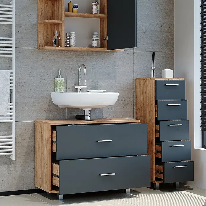 Vicco Badmöbel-Set Ilias Anthrazit/Goldkraft Eiche 3 Teile, mit Unterschrank 80 cm - Gesamtbreite Badmöbel: 110,2 cm, Anthrazit, Matt - Modernes Badmöbelset aus hellem Holz und Dunkelgrau mit Waschtisch, Waschbecken, Wandschrank und hohem Schubladenschrank.