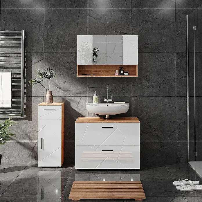 Vicco Badmöbel-Set Irma Weiß Hochglanz 3 Teile, mit Schubladenschrank und Midischrank - Weiß Hochglanz, Glänzend - Modernes weißes Badmöbel-Set: Waschtisch mit Waschbecken, Hochschrank und Spiegelschrank mit Holzakzenten.