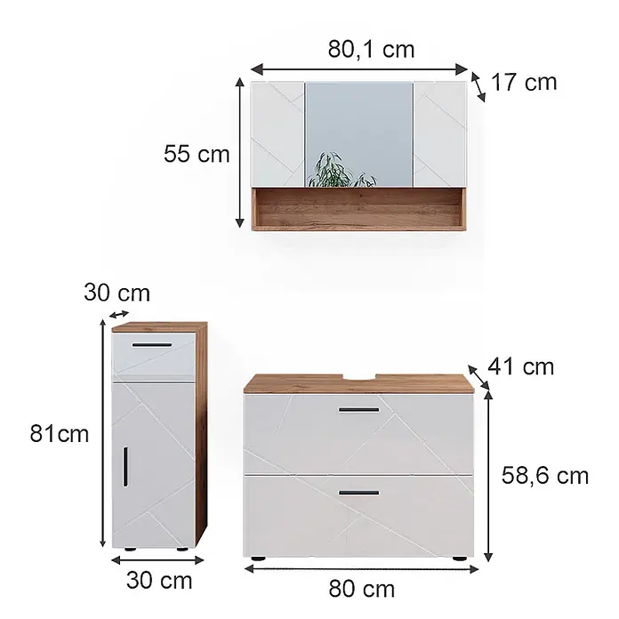 Vicco Badmöbel-Set Irma Weiß Hochglanz 3 Teile, mit Schubladenschrank und Midischrank - Weiß Hochglanz, Glänzend - Drei weiße und holzfarbene Badezimmerschränke mit geometrischen Mustern: ein Spiegelschrank, ein Hochschrank und ein Waschtischunterschrank.