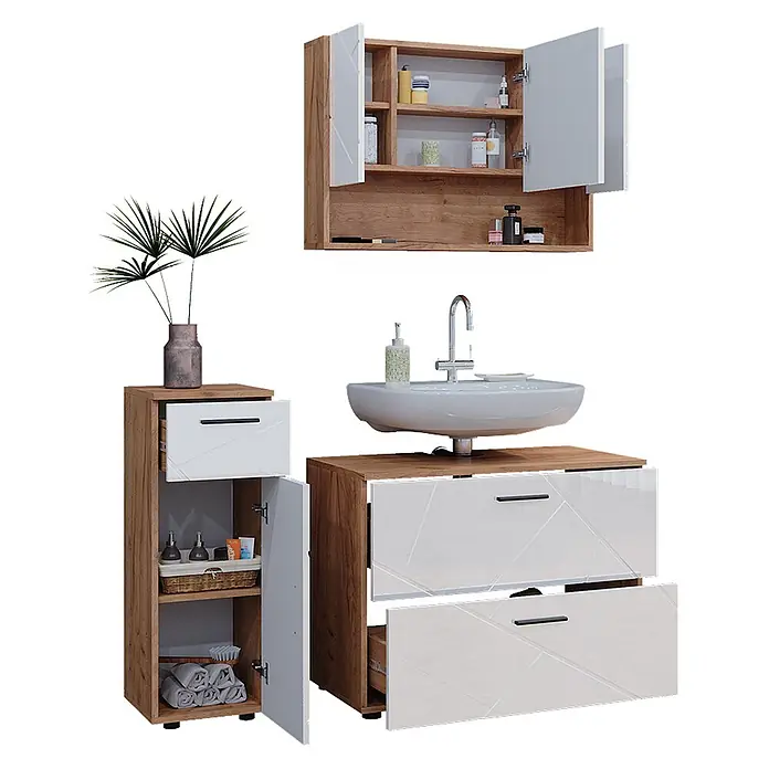 Vicco Badmöbel-Set Irma Weiß Hochglanz 3 Teile, mit Schubladenschrank und Midischrank - Weiß Hochglanz, Glänzend - Modernes Badmöbelset in Holzoptik Braun und Weiß. Bestehend aus Wandschrank, Waschtischunterschrank mit Waschbecken und hohem Seitenschrank.