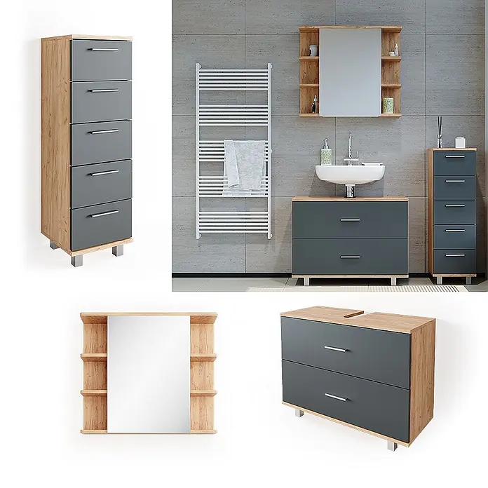 Vicco Badmöbel-Set Ilias Anthrazit/Goldkraft Eiche 3 Teile, mit Unterschrank 80 cm - Gesamtbreite Badmöbel: 110,2 cm, Anthrazit, Matt - Modernes Badmöbelset mit Holzrahmen und dunkelgrauen Schubladen, bestehend aus Hochschrank, Waschtischunterschrank und Spiegelschrank.