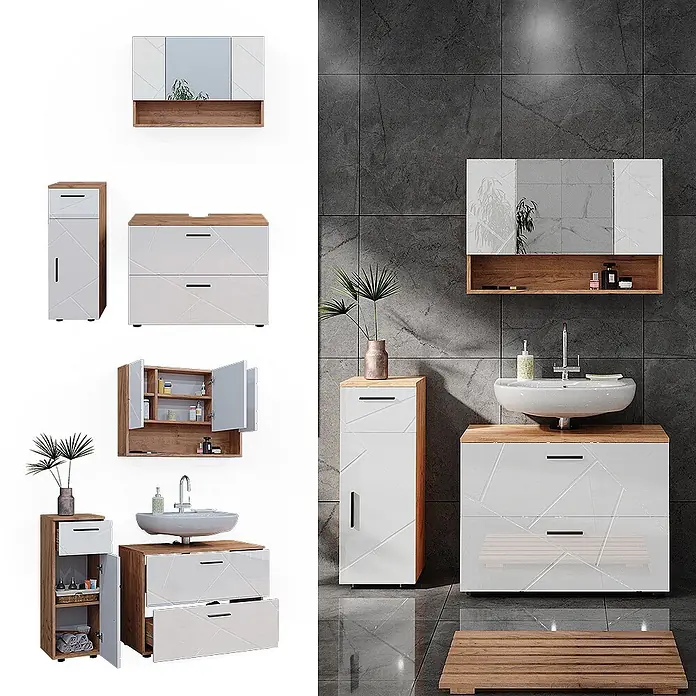 Vicco Badmöbel-Set Irma Weiß Hochglanz 3 Teile, mit Schubladenschrank und Midischrank - Weiß Hochglanz, Glänzend - Weißes Badmöbel-Set mit Eichenakzenten und dezentem geometrischen Muster.