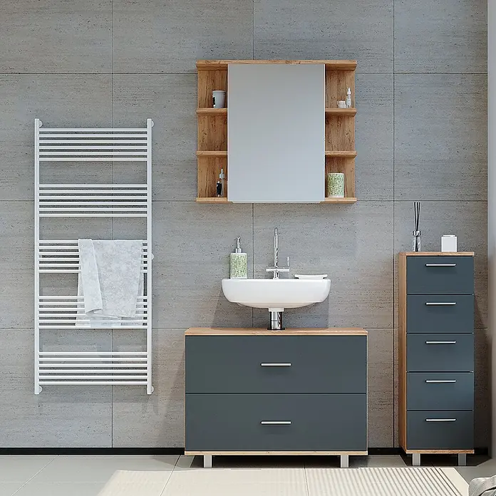 Vicco Badmöbel-Set Ilias Anthrazit/Goldkraft Eiche 3 Teile, mit Unterschrank 80 cm - Gesamtbreite Badmöbel: 110,2 cm, Anthrazit, Matt - Modernes Badmöbel-Set: Dunkelgrauer Waschtisch mit Waschbecken und passender Hochschrank mit Holzoptik-Akzenten.