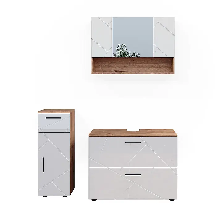 Vicco Badmöbel-Set Irma Weiß Hochglanz 3 Teile, mit Schubladenschrank und Midischrank - Weiß Hochglanz, Glänzend - Weißes Badmöbelset: geometrisches Muster, Holzoptik-Akzente, schwarze Griffe. Spiegelschrank, Hochschrank, Waschtischunterschrank.