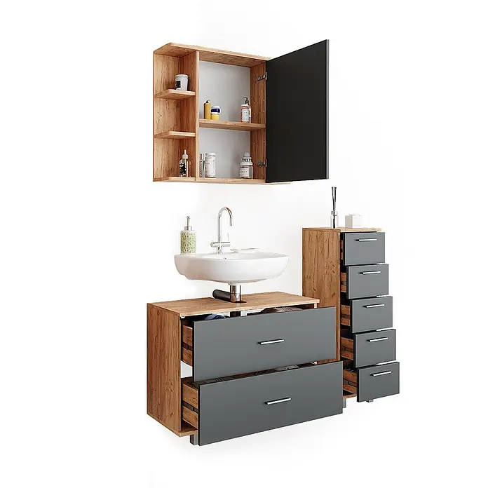Vicco Badmöbel-Set Ilias Anthrazit/Goldkraft Eiche 3 Teile, mit Unterschrank 80 cm - Gesamtbreite Badmöbel: 110,2 cm, Anthrazit, Matt - Modernes Badmöbelset aus Holz und Dunkelgrau. Offener Wandschrank, Waschtischunterschrank mit offenen Schubladen und hoher Schubladenschrank mit offenen Schubladen.
