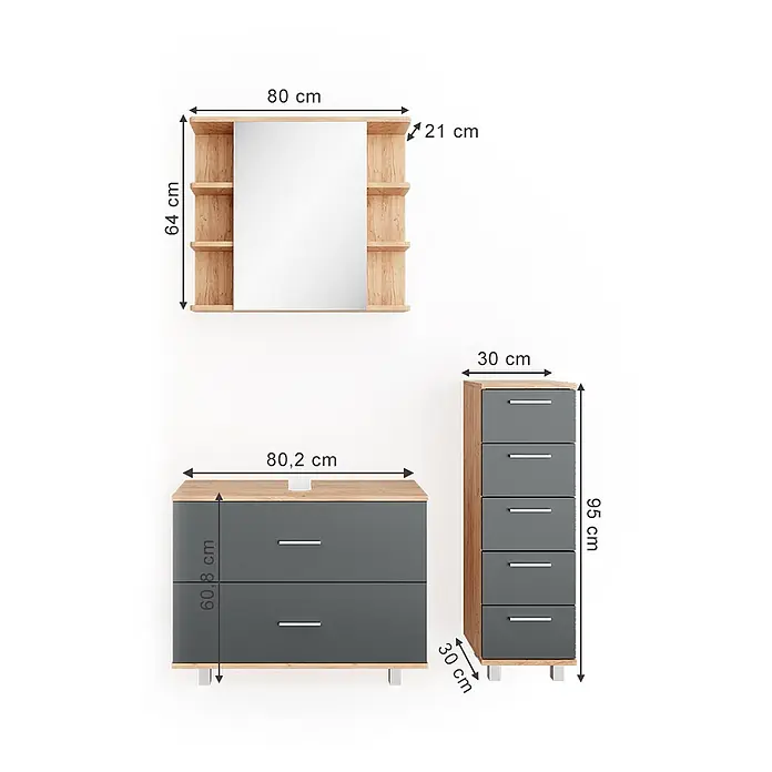 Vicco Badmöbel-Set Ilias Anthrazit/Goldkraft Eiche 3 Teile, mit Unterschrank 80 cm - Gesamtbreite Badmöbel: 110,2 cm, Anthrazit, Matt - Badmöbel-Set: dunkelgrauer Waschtischunterschrank mit zwei Schubladen, hoher Schrank mit fünf Schubladen und Spiegel mit hellen Holzregalen.