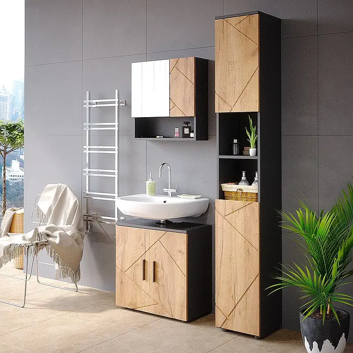 Vicco Badmöbel-Set Irma Goldkraft Eiche/Anthrazit 3 Teile, mit Hochschrank - Gesamtbreite Badmöbel: 90 cm, Goldkraft Eiche, Matt - Modernes Badmöbelset: schwarze Rahmen, helle Holzoptik-Fronten mit geometrischem Muster. Mit Waschtischunterschrank (weißes Waschbecken), Spiegelschrank und Hochschrank.