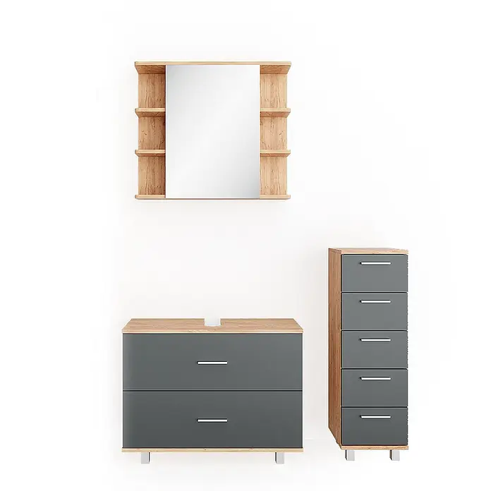Vicco Badmöbel-Set Ilias Anthrazit/Goldkraft Eiche 3 Teile, mit Unterschrank 80 cm - Gesamtbreite Badmöbel: 110,2 cm, Anthrazit, Matt - Modernes Badmöbel-Set in Holzoptik und Dunkelgrau: Spiegelschrank, Waschtischunterschrank mit zwei und Hochschrank mit fünf Schubladen.