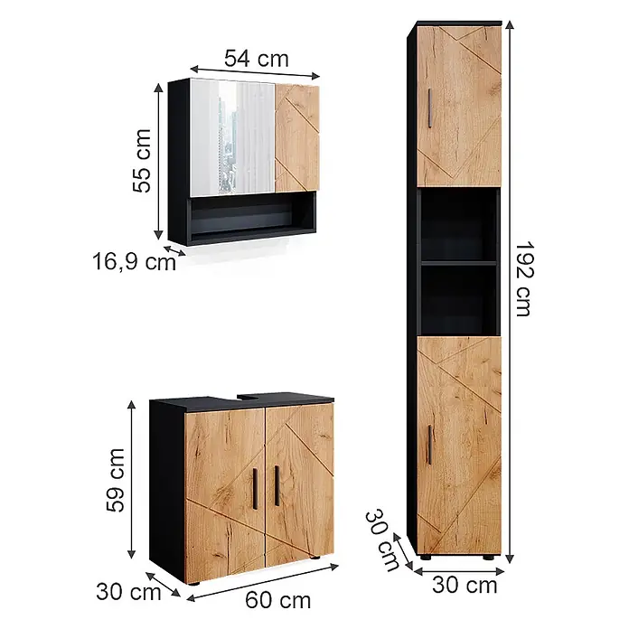 Vicco Badmöbel-Set Irma Goldkraft Eiche/Anthrazit 3 Teile, mit Hochschrank - Gesamtbreite Badmöbel: 90 cm, Goldkraft Eiche, Matt - Badezimmermöbel-Set in Schwarz und heller Holzoptik, bestehend aus Spiegelschrank, Waschtisch und Hochschrank.