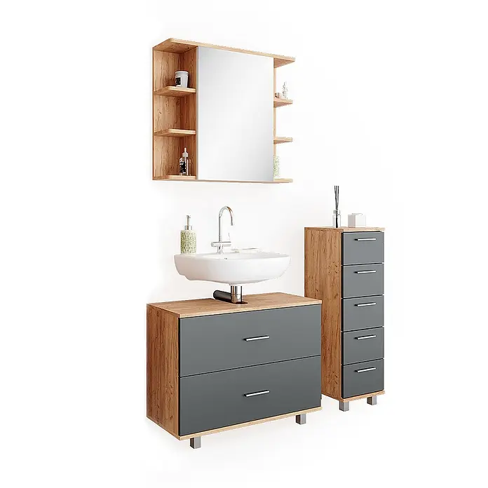 Vicco Badmöbel-Set Ilias Anthrazit/Goldkraft Eiche 3 Teile, mit Unterschrank 80 cm - Gesamtbreite Badmöbel: 110,2 cm, Anthrazit, Matt - Badmöbel-Set: Spiegel mit Holzrahmen und Regalen, Waschbeckenunterschrank und Hochschrank in Dunkelgrau.