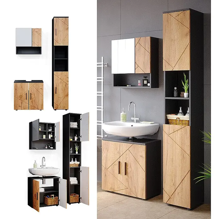 Vicco Badmöbel-Set Irma Goldkraft Eiche/Anthrazit 3 Teile, mit Hochschrank - Gesamtbreite Badmöbel: 90 cm, Goldkraft Eiche, Matt - Modulares Badmöbelset in Schwarz und Holzoptik mit geometrischem Muster, bestehend aus Waschtisch-, Wand- und Hochschränken.