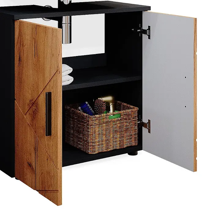Vicco Badmöbel-Set Irma Goldkraft Eiche/Anthrazit 3 Teile, mit Hochschrank - Gesamtbreite Badmöbel: 90 cm, Goldkraft Eiche, Matt - Schwarzer Badschrank mit offenen Türen, eine Holzoptik, eine weiß, zeigt Handtücher und einen Korb mit Pflegeprodukten.