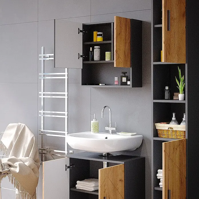 Vicco Badmöbel-Set Irma Goldkraft Eiche/Anthrazit 3 Teile, mit Hochschrank - Gesamtbreite Badmöbel: 90 cm, Goldkraft Eiche, Matt - Moderne Badmöbel in Dunkelgrau/Schwarz und Holzoptik mit Waschbecken, Wandschrank und hohem Stauraumschrank.