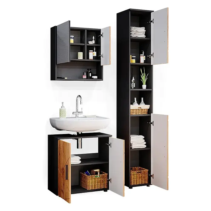 Vicco Badmöbel-Set Irma Goldkraft Eiche/Anthrazit 3 Teile, mit Hochschrank - Gesamtbreite Badmöbel: 90 cm, Goldkraft Eiche, Matt - Dunkles Badezimmermöbel-Set: Wandschrank, Waschbeckenunterschrank und hoher Schrank mit hellgrauen und Holztüren.