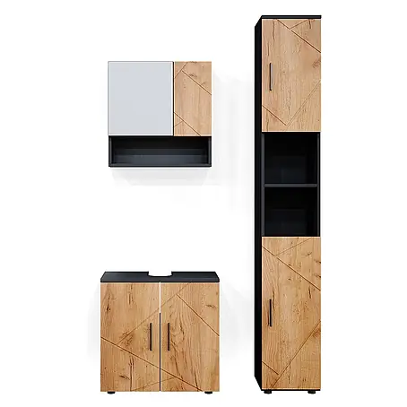 Vicco  Badmöbel-Set Irma Goldkraft Eiche/Anthrazit 3 Teile, mit Hochschrank