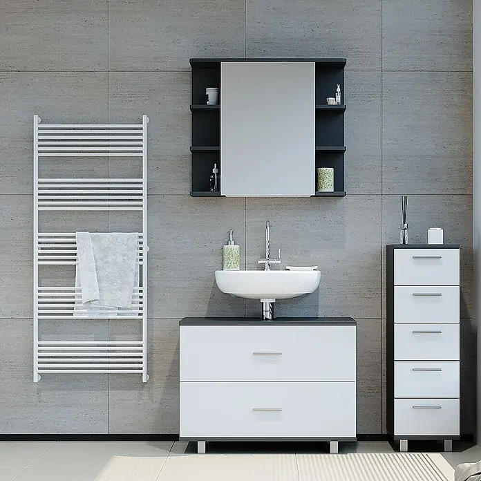 Vicco Badmöbel-Set Ilias Weiß/Anthrazit 3 Teile, mit Unterschrank 80 cm - Gesamtbreite Badmöbel: 110,2 cm, Weiß, Matt - Modernes Badezimmer mit weiß-dunkelgrauem Waschtisch, Spiegelschrank, Hochschrank und weißem Handtuchheizkörper.