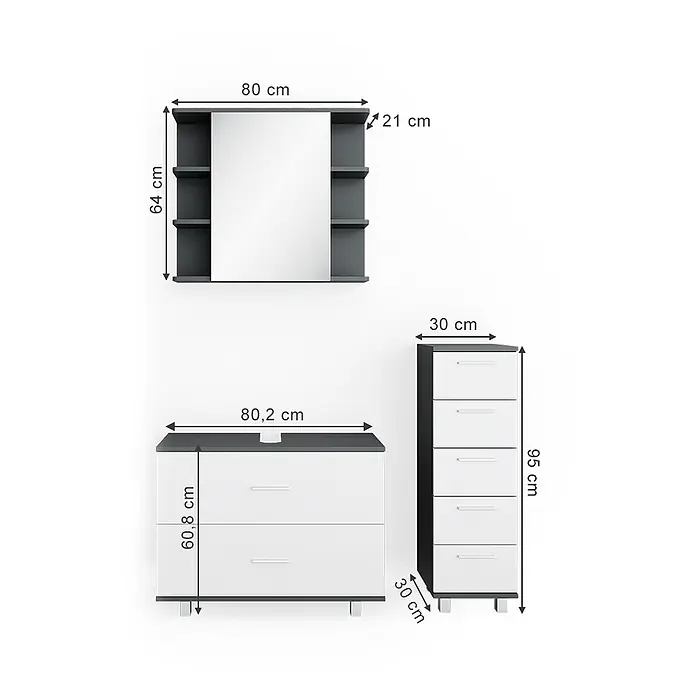 Vicco Badmöbel-Set Ilias Weiß/Anthrazit 3 Teile, mit Unterschrank 80 cm - Gesamtbreite Badmöbel: 110,2 cm, Weiß, Matt - Graues und weißes Badmöbel-Set: Spiegelschrank mit Seitenregalen, Waschtischunterschrank mit zwei Schubladen und hoher Fünf-Schubladen-Schrank.