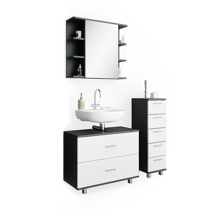 Vicco Badmöbel-Set Ilias Weiß/Anthrazit 3 Teile, mit Unterschrank 80 cm - Gesamtbreite Badmöbel: 110,2 cm, Weiß, Matt - Schwarz-weißes Badezimmermöbelset mit Waschbeckenunterschrank, hohem Schubladenschrank und Spiegelschrank.