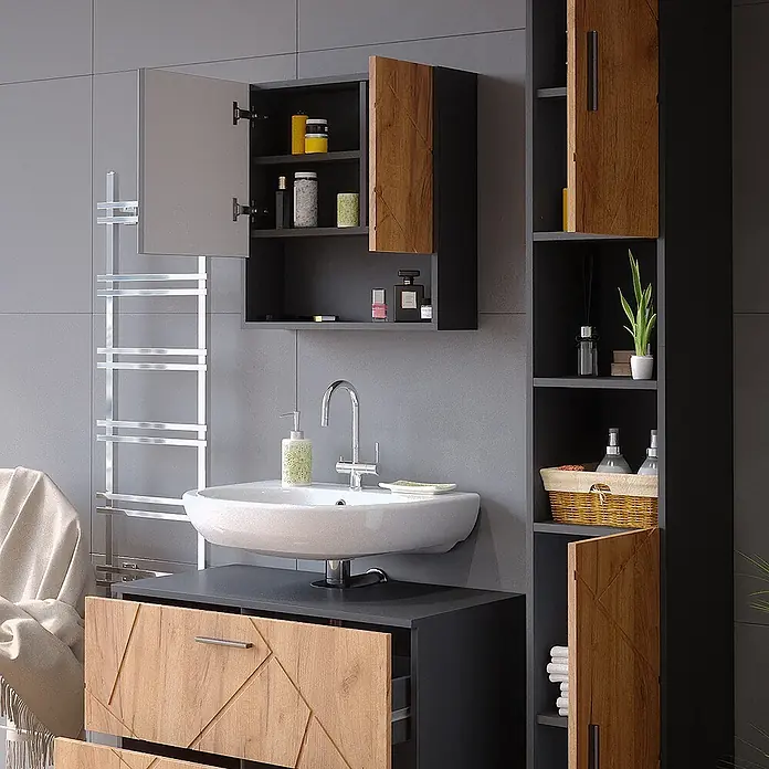 Vicco Badmöbel-Set Irma Goldkraft Eiche 3 Teile, mit Schubladenschrank und Hochschrank - Gesamtbreite Badmöbel: 110 cm, Goldkraft Eiche, Matt - Modernes Badezimmermöbel-Set mit dunkelgrauen Rahmen, Holzoptik-Fronten, weißem Waschbecken und Chromarmatur, bietet viel Stauraum.