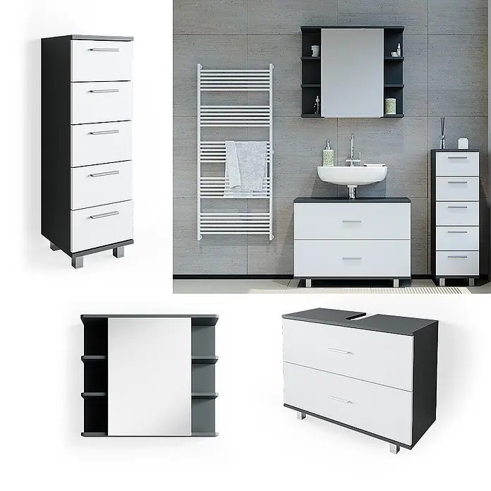Vicco Badmöbel-Set Ilias Weiß/Anthrazit 3 Teile, mit Unterschrank 80 cm - Gesamtbreite Badmöbel: 110,2 cm, Weiß, Matt - Modernes Badmöbelset in Dunkelgrau und Weiß, bestehend aus Waschtischunterschrank, Hochschrank und Spiegelschrank.