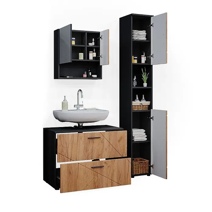 Vicco Badmöbel-Set Irma Goldkraft Eiche 3 Teile, mit Schubladenschrank und Hochschrank - Gesamtbreite Badmöbel: 110 cm, Goldkraft Eiche, Matt - Schwarze und holzfarbene Badezimmermöbel: Waschtisch mit Waschbecken, Wandschrank und hoher Stauraumschrank für Utensilien.