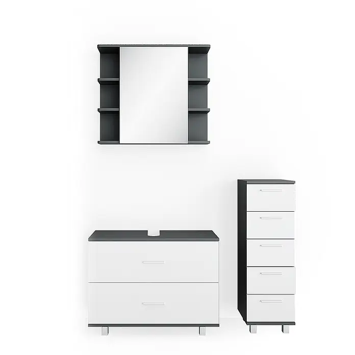 Vicco Badmöbel-Set Ilias Weiß/Anthrazit 3 Teile, mit Unterschrank 80 cm - Gesamtbreite Badmöbel: 110,2 cm, Weiß, Matt - Modernes dunkelgrau-weißes Badmöbelset mit Spiegelschrank, Waschtischunterschrank und hohem Hochschrank.