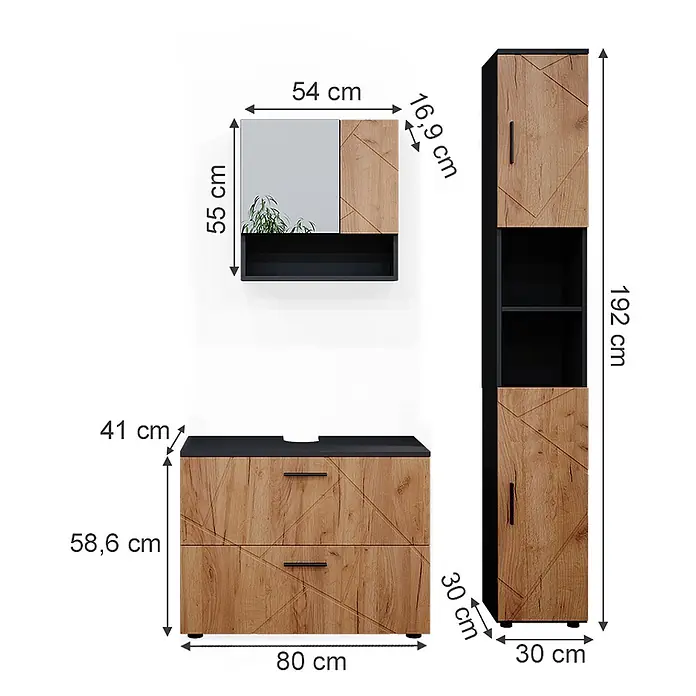 Vicco Badmöbel-Set Irma Goldkraft Eiche 3 Teile, mit Schubladenschrank und Hochschrank - Gesamtbreite Badmöbel: 110 cm, Goldkraft Eiche, Matt - Modernes Badmöbel-Set in Holzoptik und dunklen Akzenten, bestehend aus Waschtischunterschrank, Spiegelschrank und Hochschrank.