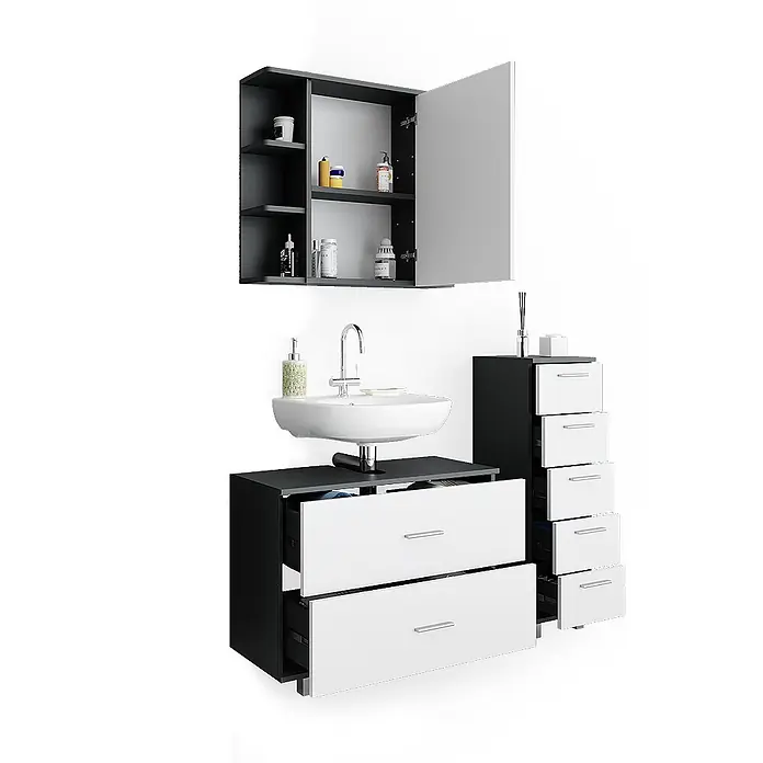 Vicco Badmöbel-Set Ilias Weiß/Anthrazit 3 Teile, mit Unterschrank 80 cm - Gesamtbreite Badmöbel: 110,2 cm, Weiß, Matt - Modernes schwarz-weißes Badezimmermöbel-Set mit Waschbecken, Schubladen und wandmontiertem Spiegelschrank.