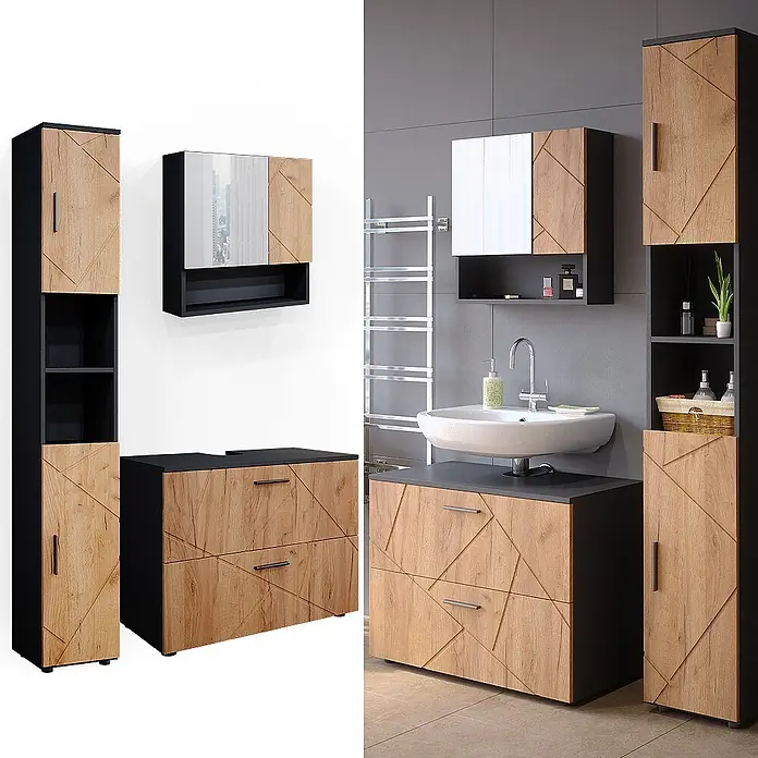 Vicco Badmöbel-Set Irma Goldkraft Eiche 3 Teile, mit Schubladenschrank und Hochschrank - Gesamtbreite Badmöbel: 110 cm, Goldkraft Eiche, Matt - Modernes Badmöbelset in Schwarz und Holzoptik mit geometrischem Muster, bestehend aus Hochschrank, Spiegelschrank und Waschtischunterschrank.