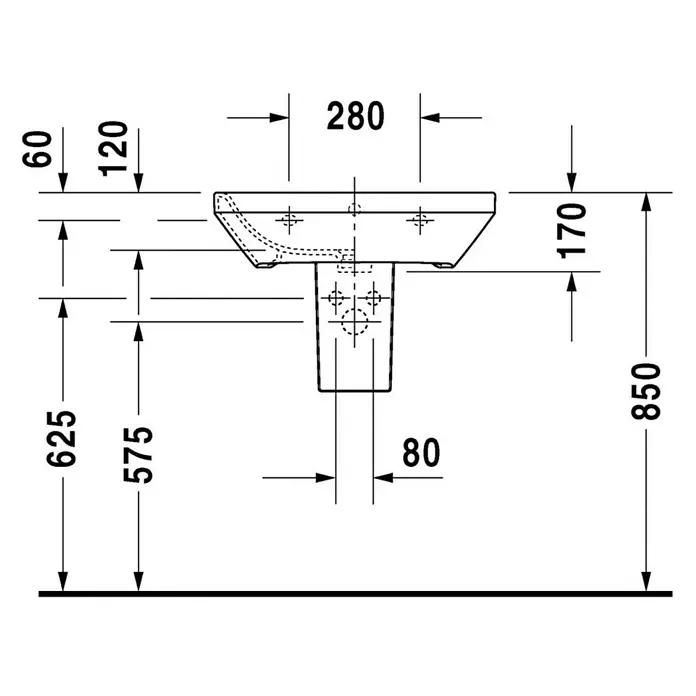 Duravit DuraStyle Waschtisch Typ 2 - 60 x 44 cm, Mit schmutzabweisender Glasur, Hahnloch: Mitte, Mit Überlauf, Weiß - Eine technische Zeichnung eines Waschtisches mit verschiedenen Maßangaben. Sanitärkeramik mit präzisen Abmessungen.
