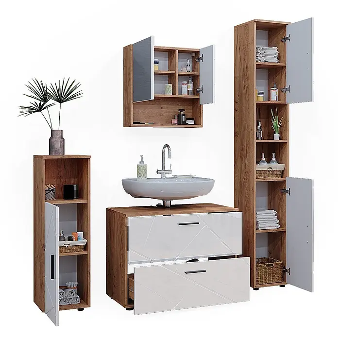 Vicco Badmöbel-Set Irma Weiß Hochglanz 4 Teile, mit Schubladenschrank und Hochschrank - Weiß Hochglanz, Glänzend - Badezimmermöbel-Set in Holzoptik mit weißen Schubladen/Türen, bestehend aus Waschtischunterschrank, Spiegelschrank und Hochschränken.