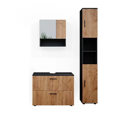Vicco  Badmöbel-Set Irma Goldkraft Eiche 3 Teile, mit Schubladenschrank und Hochschrank