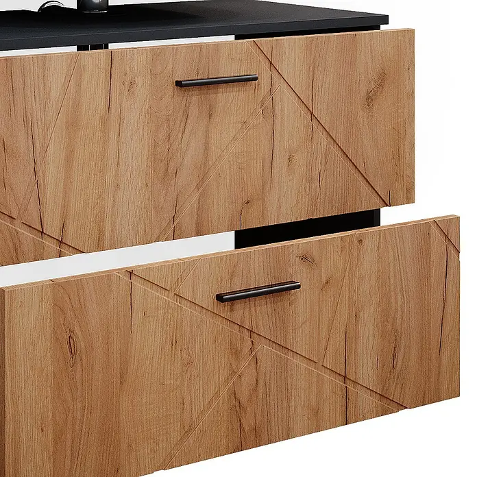 Vicco Badmöbel-Set Irma Goldkraft Eiche 3 Teile, mit Schubladenschrank und Hochschrank - Gesamtbreite Badmöbel: 110 cm, Goldkraft Eiche, Matt - Nahaufnahme von zwei hellen Holzschubladen mit geometrischem Muster und schwarzen Griffen, eine leicht geöffnet, in schwarzem Rahmen.