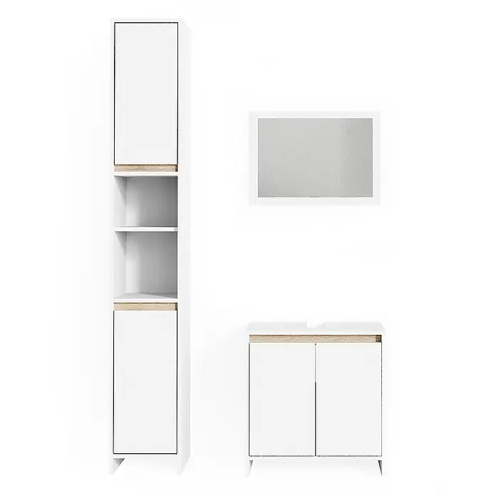 Vicco Badmöbel-Set Emma Weiß/Sonoma 3 Teile, mit Hochschrank - Gesamtbreite Badmöbel: 88 cm, Weiß, Matt - Weißes Badezimmermöbel-Set mit hellen Holzakzenten, bestehend aus Hochschrank, Spiegel und Waschtischunterschrank.