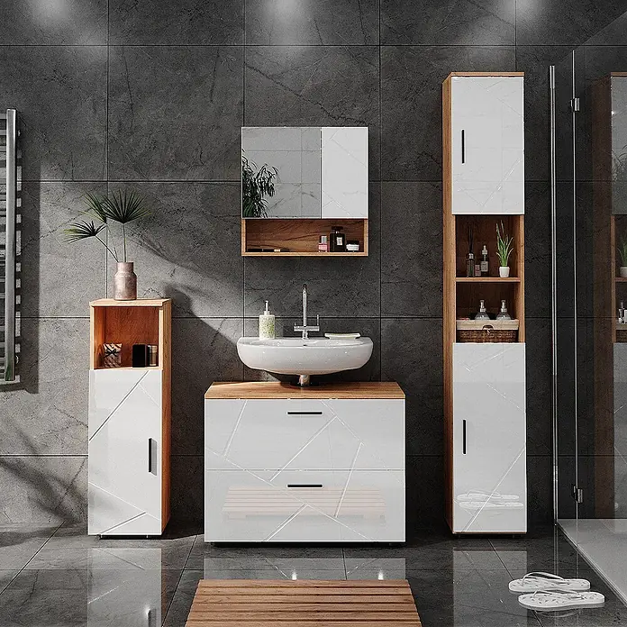 Vicco Badmöbel-Set Irma Weiß Hochglanz 4 Teile, mit Schubladenschrank und Hochschrank - Weiß Hochglanz, Glänzend - Modernes Badmöbelset in Weißglanz und Holzoptik mit Waschtisch, Spiegelschrank und hohen Stauraumschränken in einem Badezimmer.
