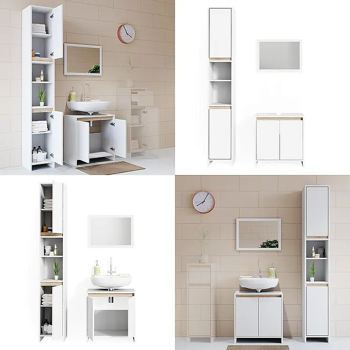 Vicco Badmöbel-Set Emma Weiß/Sonoma 3 Teile, mit Hochschrank - Gesamtbreite Badmöbel: 88 cm, Weiß, Matt - Weißes Badezimmermöbel-Set mit Holzdetails, bestehend aus Waschtisch und hohem Schrank in einem gefliesten Bad.