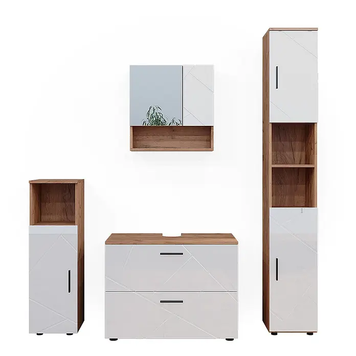Vicco Badmöbel-Set Irma Weiß Hochglanz 4 Teile, mit Schubladenschrank und Hochschrank - Weiß Hochglanz, Glänzend - Modernes Badmöbelset mit weißen Hochglanzfronten, geometrischen Mustern und Holzoptik-Akzenten.