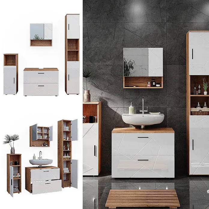 Vicco Badmöbel-Set Irma Weiß Hochglanz 4 Teile, mit Schubladenschrank und Hochschrank - Weiß Hochglanz, Glänzend - Weißes Badezimmermöbel-Set mit geometrischem Muster und Holzdetails, inkl. Waschtischunterschrank, Hochschrank, Seitenschrank und Spiegelschrank.