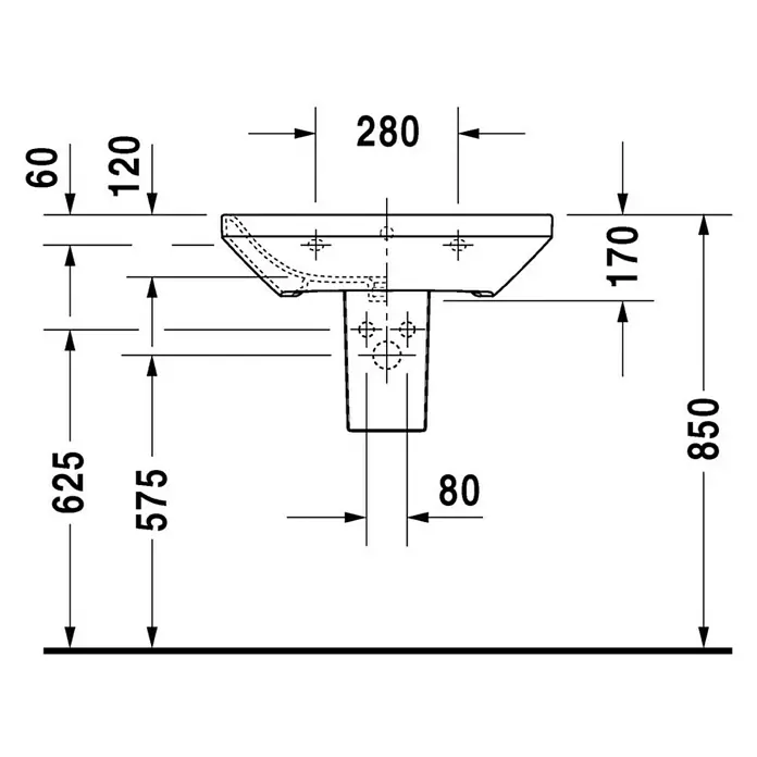 Duravit DuraStyle Waschtisch Typ 2 - 65 x 44 cm, Mit schmutzabweisender Glasur, Hahnloch: Mitte, Mit Überlauf, Weiß - Technische Zeichnung eines Duravit Waschbeckens mit allen Maßen, um einen detaillierten Überblick zu erhalten. Präzise Angaben für die Badplanung.
