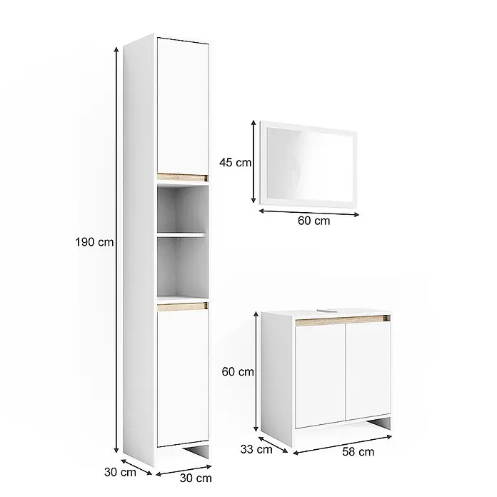 Vicco Badmöbel-Set Emma Weiß/Sonoma 3 Teile, mit Hochschrank - Gesamtbreite Badmöbel: 88 cm, Weiß, Matt - Weißes Badezimmermöbel-Set mit hellen Holzdetails: Hochschrank, Spiegel und Waschtischunterschrank mit Maßen.